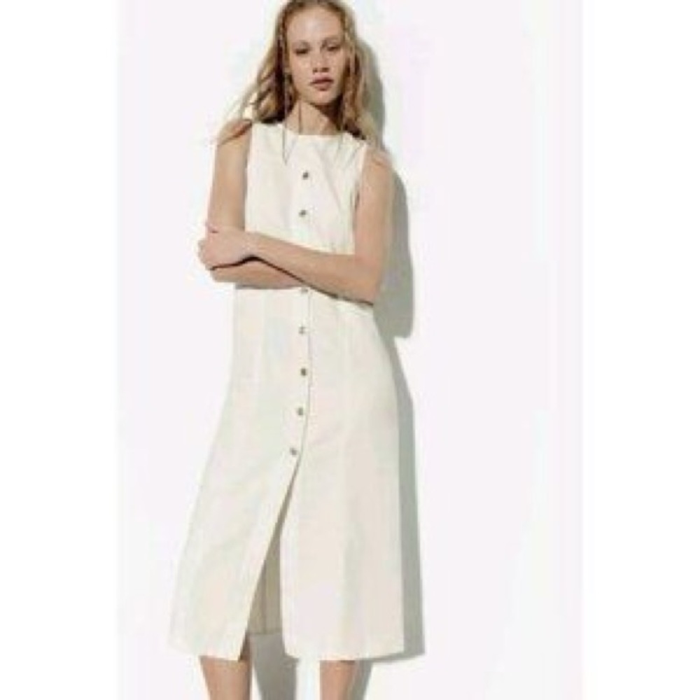 ZARA WHITE SLEEVELESS MIDI DENIM DRESS WITH METAL BUTTONS SIZE M